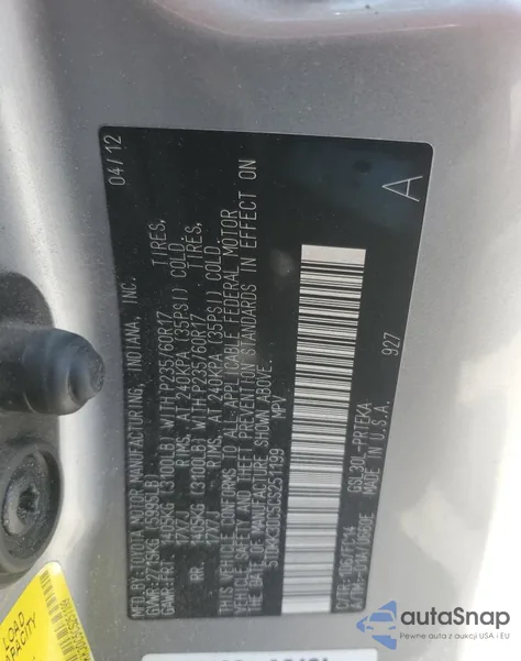 2012 Toyota Sienna Le из США, поврежденный, VIN 5TDKK3DC5CS251199